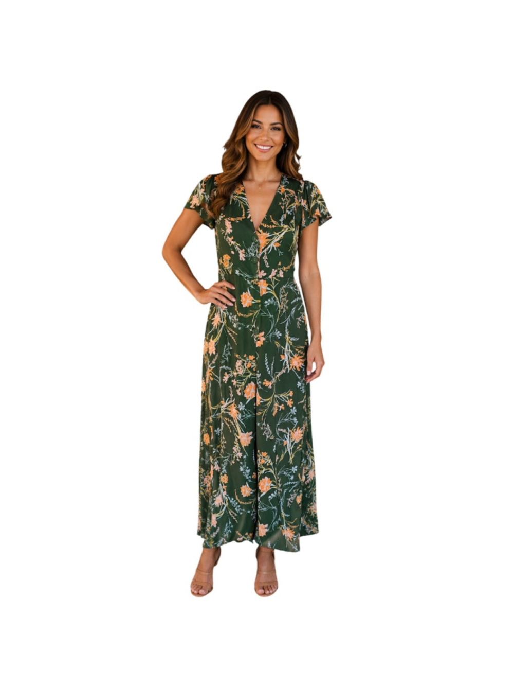 Urban Outfitters XS Green Floral Button Front Wide Leg Jumpsuit Boho Maxi Romper